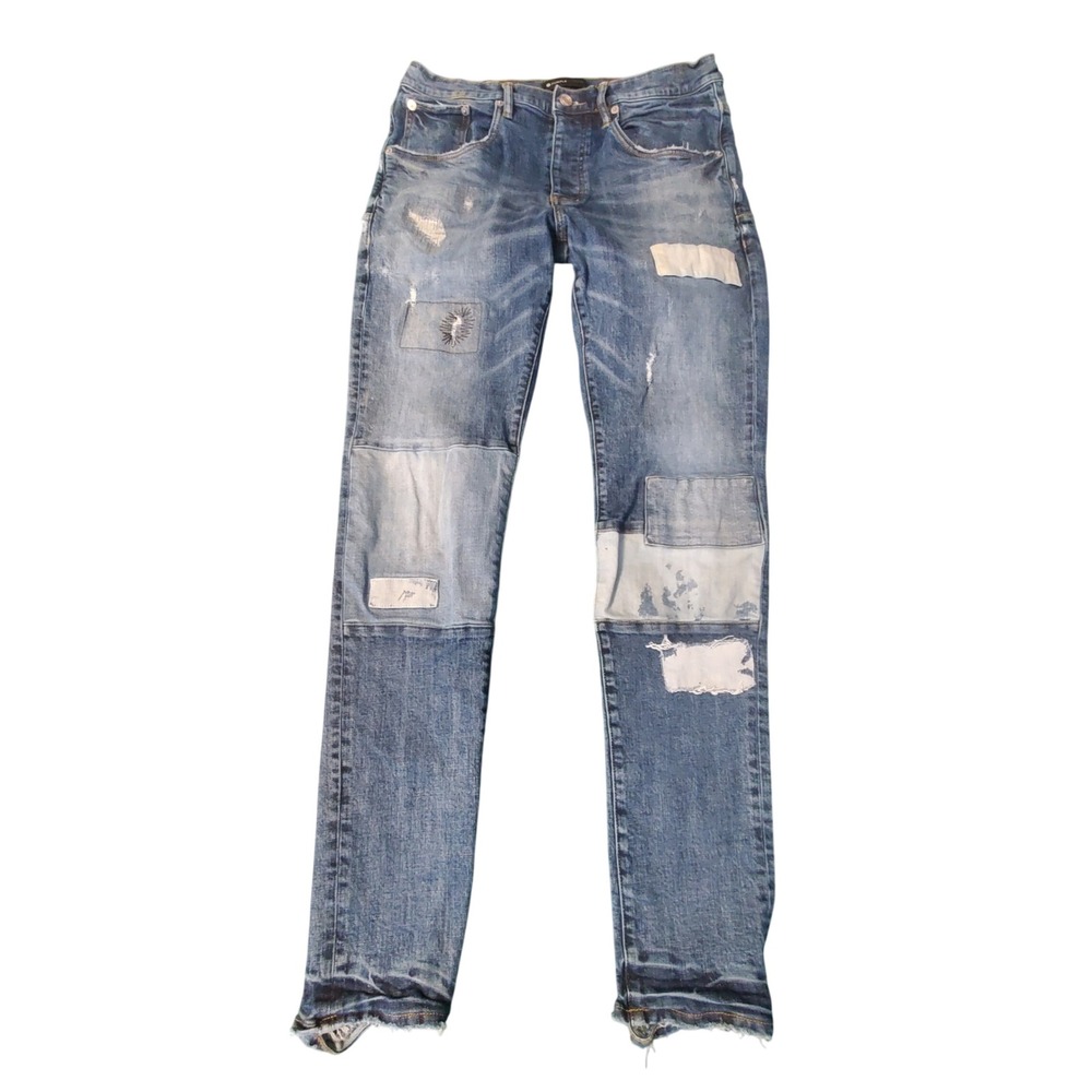 Purple Brand P002 Slim Fit Distressed Patched Light Wash Blue Jeans Mens 32x32